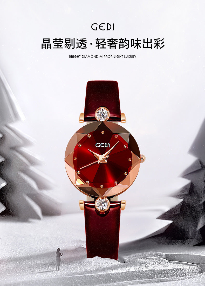 Women's Student Rhinestone Korean-Style Leather-Strap Quartz Watch