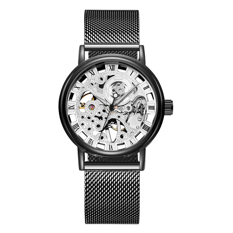 GESMART Men's Hand Winding Mechanical Watch Mesh Band Skeleton Exhibition Case Back Business