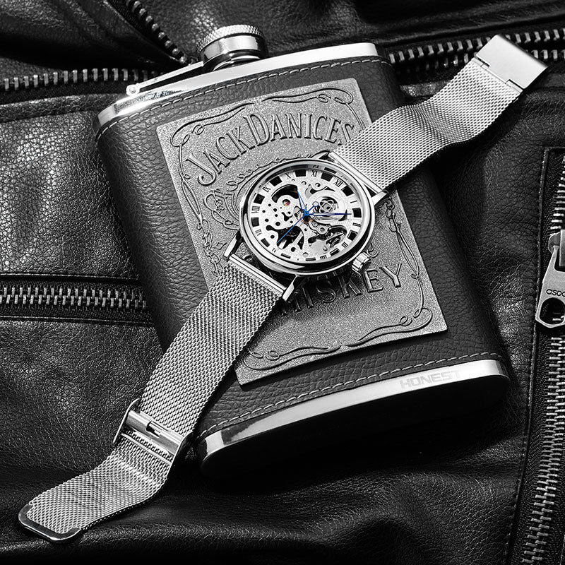 GESMART Men's Hand Winding Mechanical Watch Mesh Band Skeleton Exhibition Case Back Business