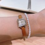 nojess Ladies Mini Square Gem-Cut Dial Watch Leather Strap Japan Exquisite