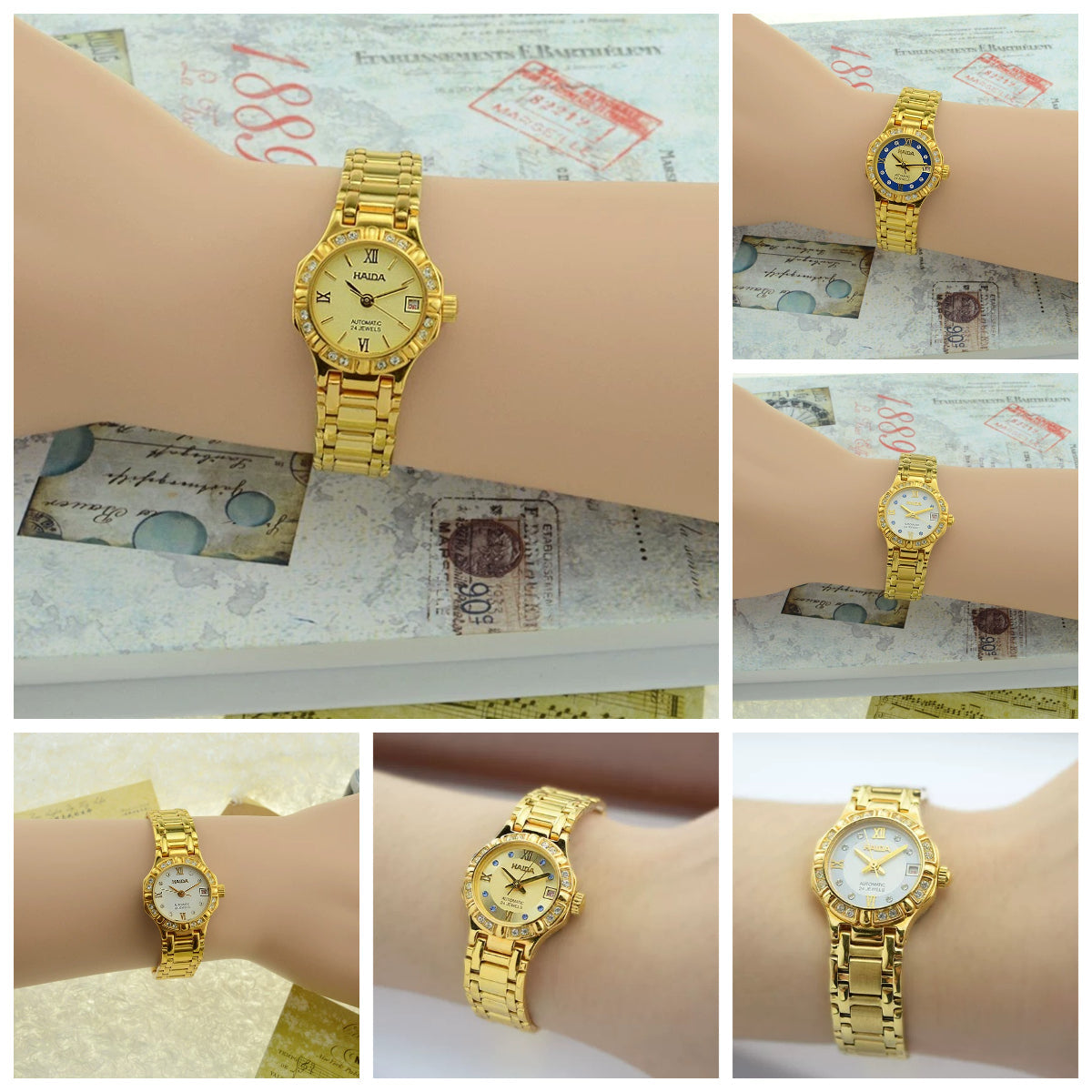 HAIDA Ladies Automatic Mechanical Watch Round Gold White Crystal-Set Dial NOS
