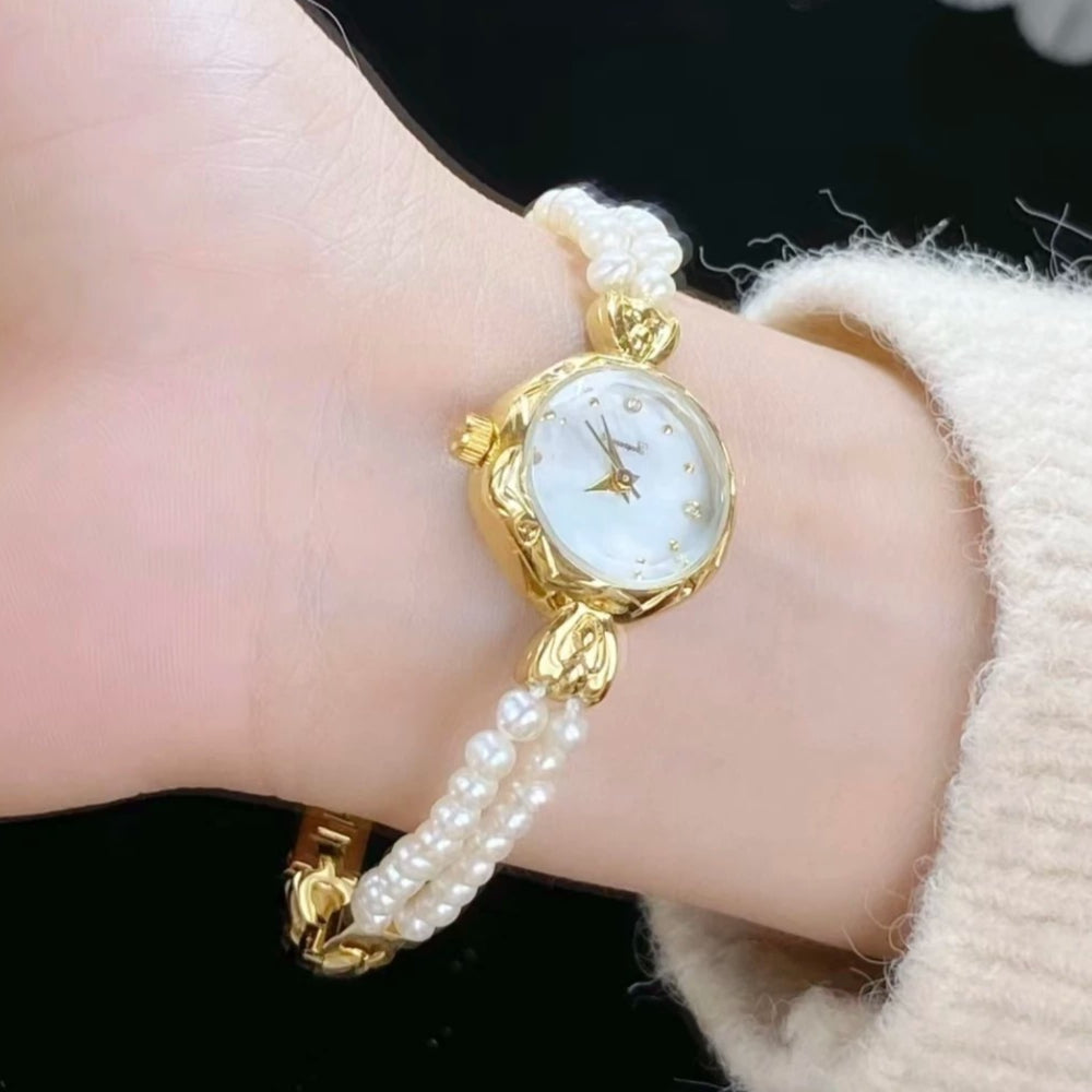 Ladies Pearl Chain Bracelet Watch Mother of Pearl Dial Japan Style Elegant