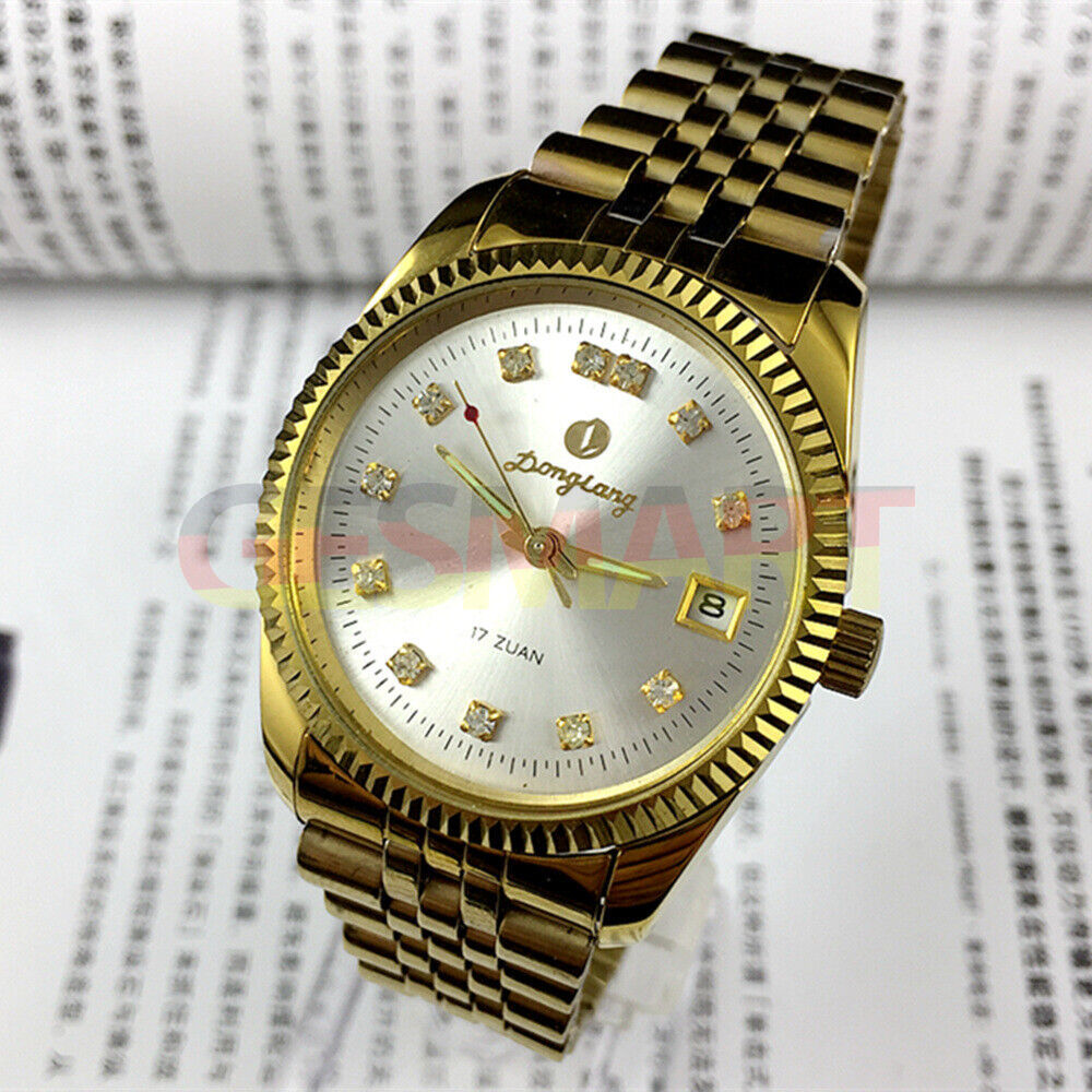 Donglang 36mm manual mechanical watch with silver dial, 17 jewels, single calendar display, classic design.
