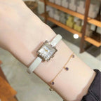 nojess Ladies Mini Square Gem-Cut Dial Watch Leather Strap Japan Exquisite
