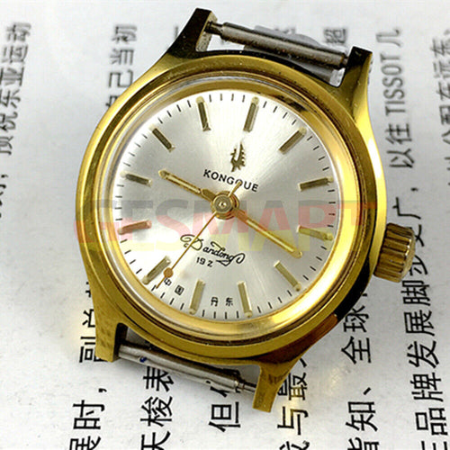 27mm Kongque manual mechanical watch with silver dial, golden markers, 19 jewels, China-made.