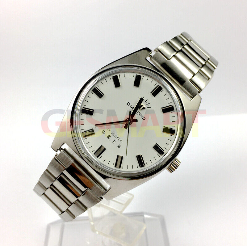 38mm SHANGHAI DIAMOND white dial manual watch, silver case, 17 jewels, classic elegance for daily wear.