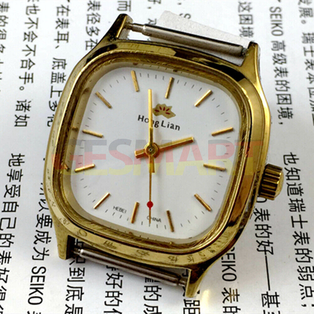 HONGLIAN manual mechanical watch with golden nail accents and square gold case, white dial for elegant style.
