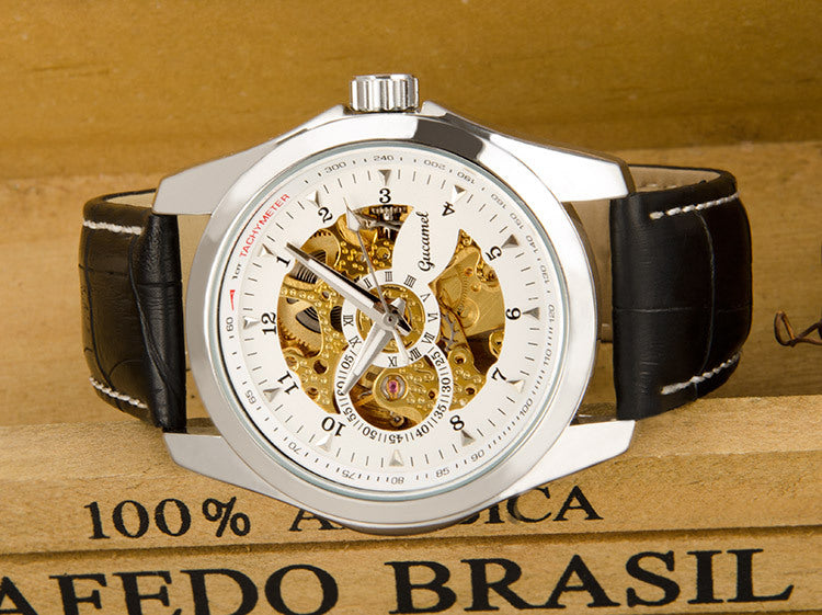 GESMART Men's Skeleton Automatic Mechanical Watch Leather Band Business Fashion