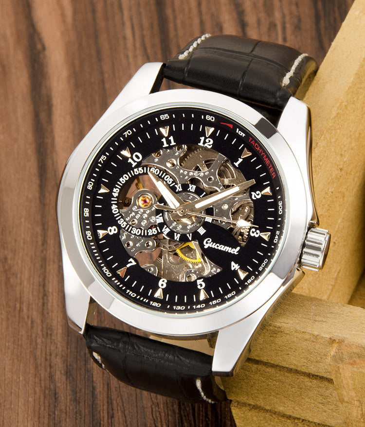 GESMART Men's Skeleton Automatic Mechanical Watch Leather Band Business Fashion