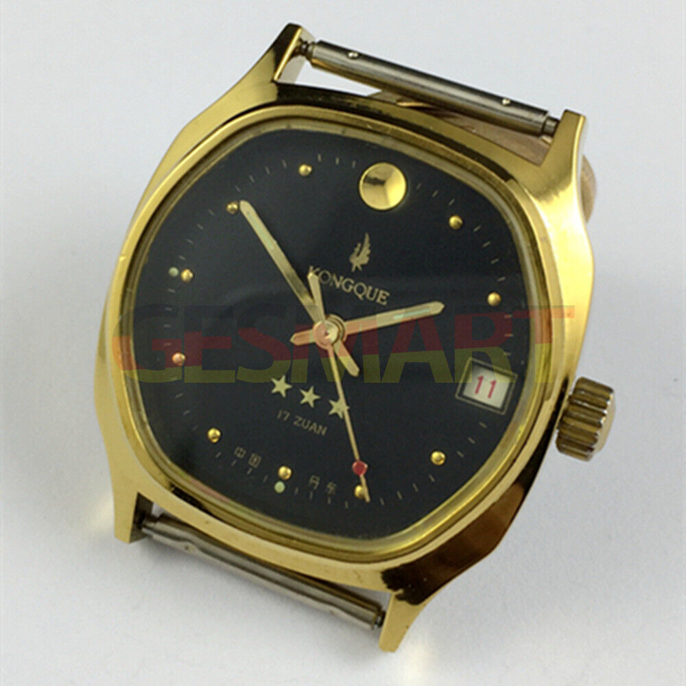 Dandong 34mm manual mechanical watch with black dial, 17 jewels, single calendar, elegant design.
