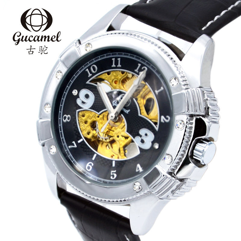GESMART Men's Skeleton Automatic Mechanical Watch Diamond Studded Leather Band Fashion