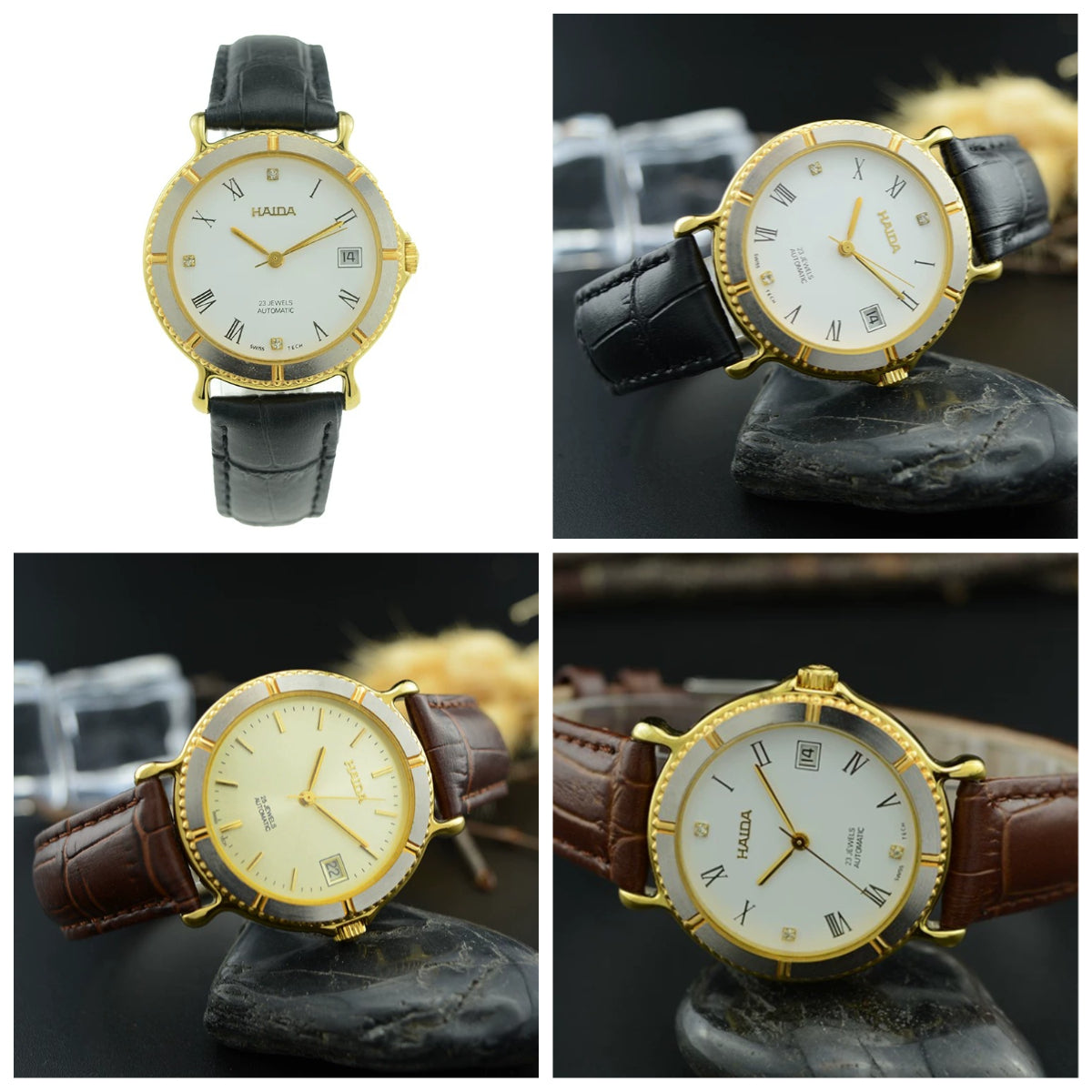 HAIDA Men's Automatic Mechanical Watch Two-Tone Genuine Leather Strap NOS