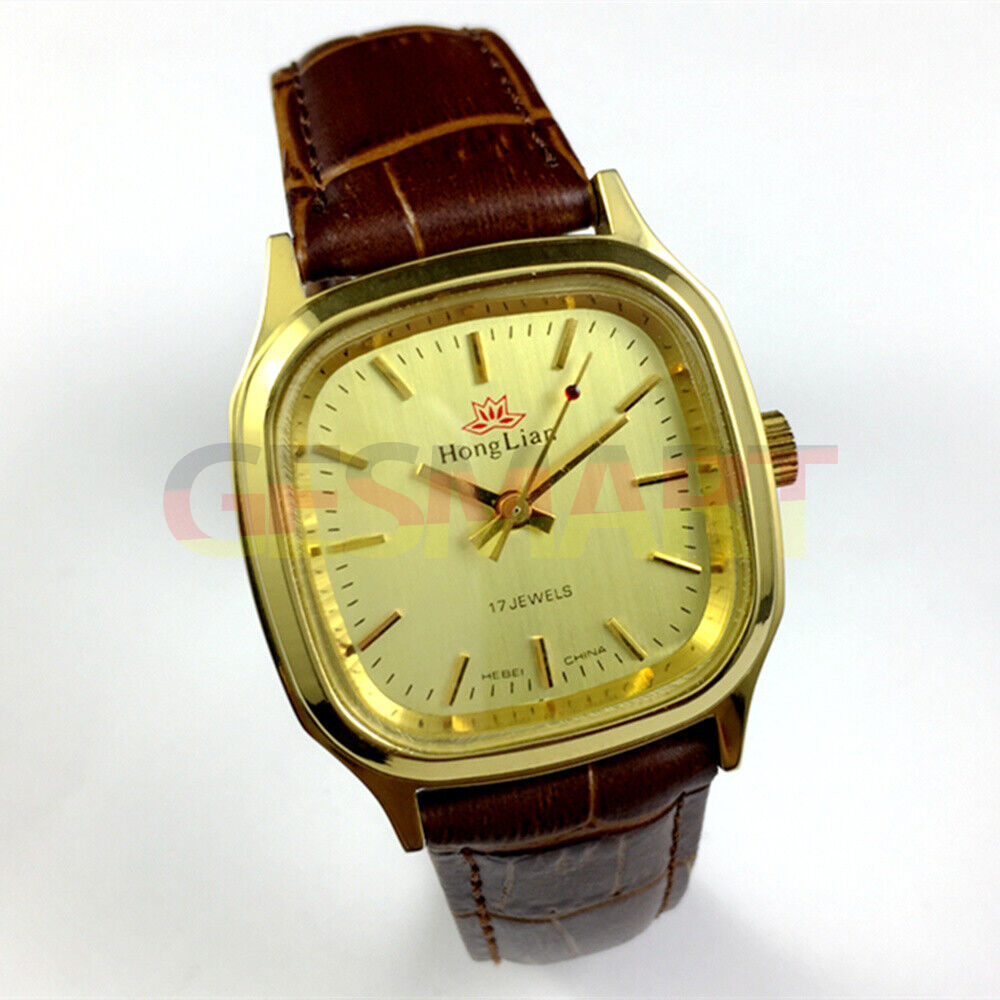 HONGLIAN Manual mechanical watch with golden hands, nail markers, and gold-tone case for elegant style