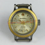 Shanghai Manual Lady Watch with golden nails, yellow dial, round case, 17 jewels, elegant design.