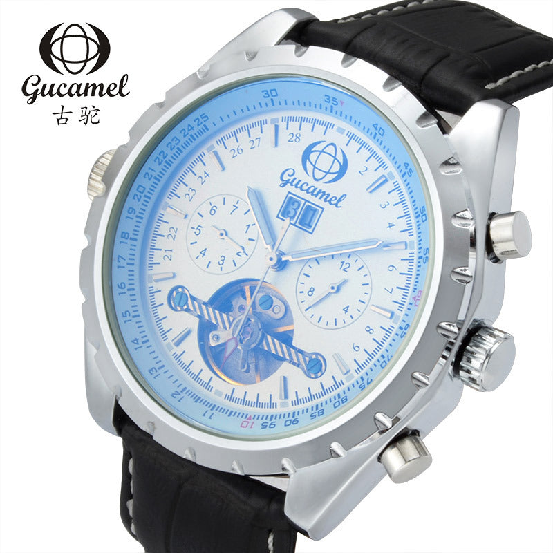GESMART Men's Tourbillon Mechanical Watch Exhibition Case Back Luminous Leather Band Sports