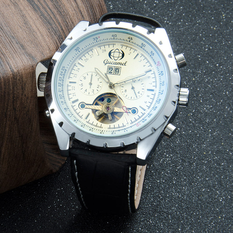 GESMART Men's Tourbillon Mechanical Watch Exhibition Case Back Luminous Leather Band Sports