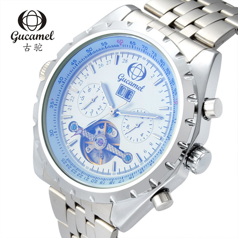 GESMART Men's Tourbillon Mechanical Watch Exhibition Case Back Luminous Leather Band Sports