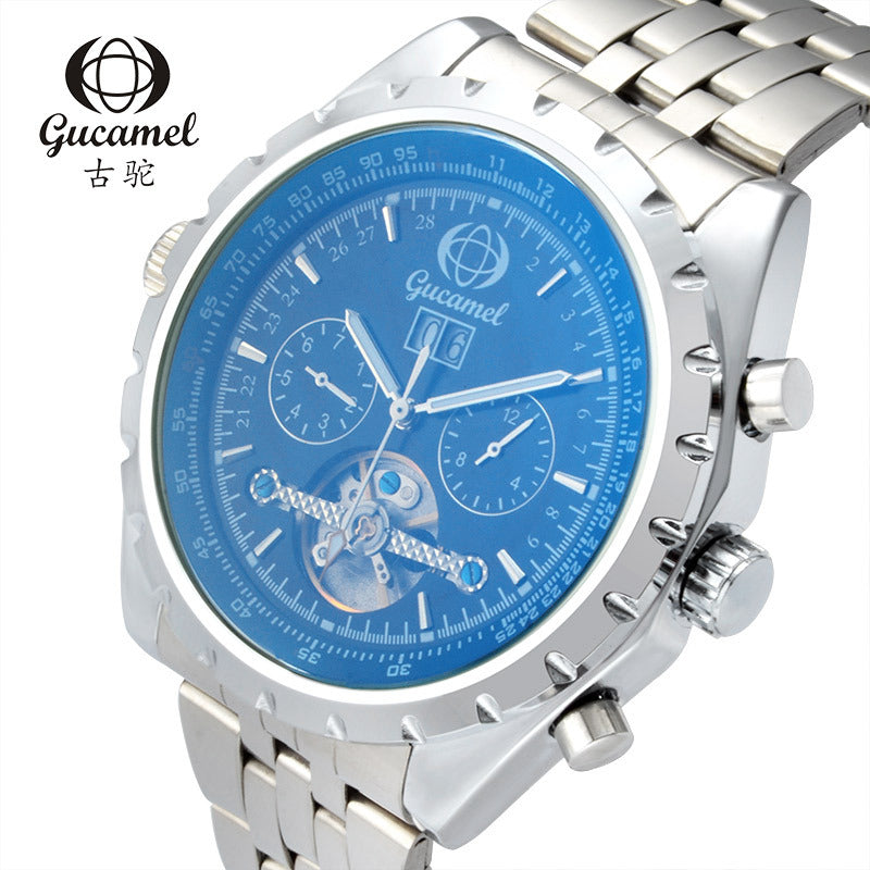 GESMART Men's Tourbillon Mechanical Watch Exhibition Case Back Luminous Leather Band Sports
