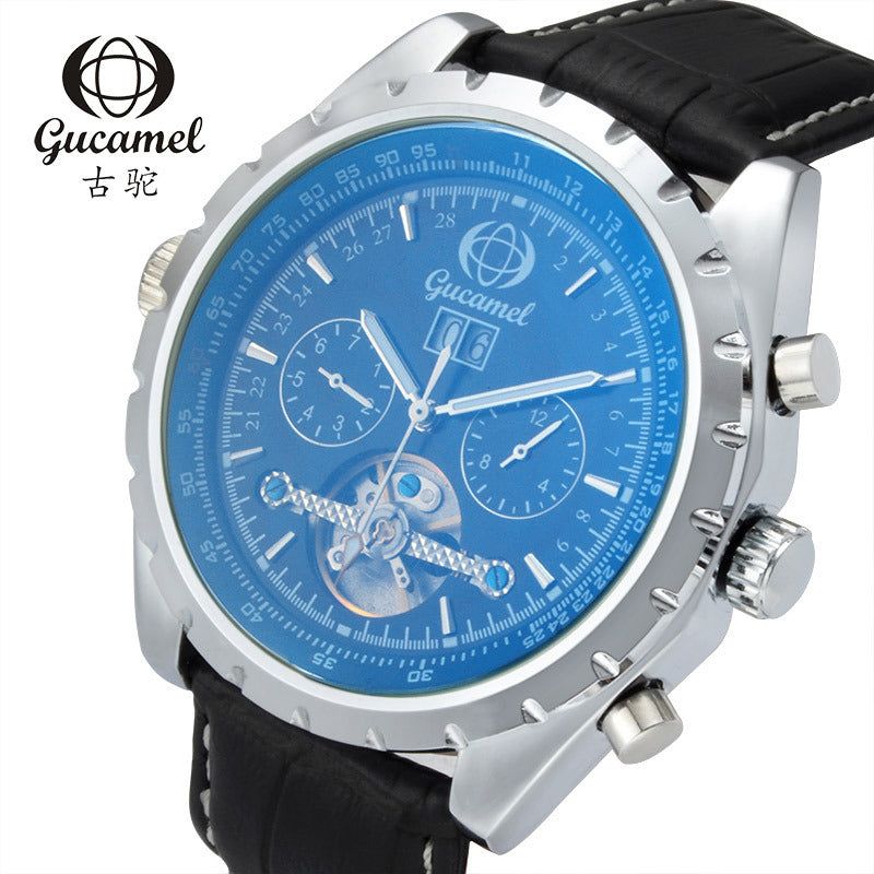 GESMART Men's Tourbillon Mechanical Watch Exhibition Case Back Luminous Leather Band Sports