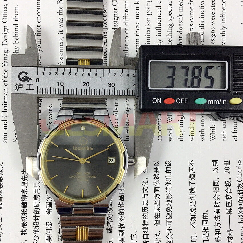 Qionghua 37mm steel manual watch with black dial, single calendar, 17 jewels, elegant timepiece.