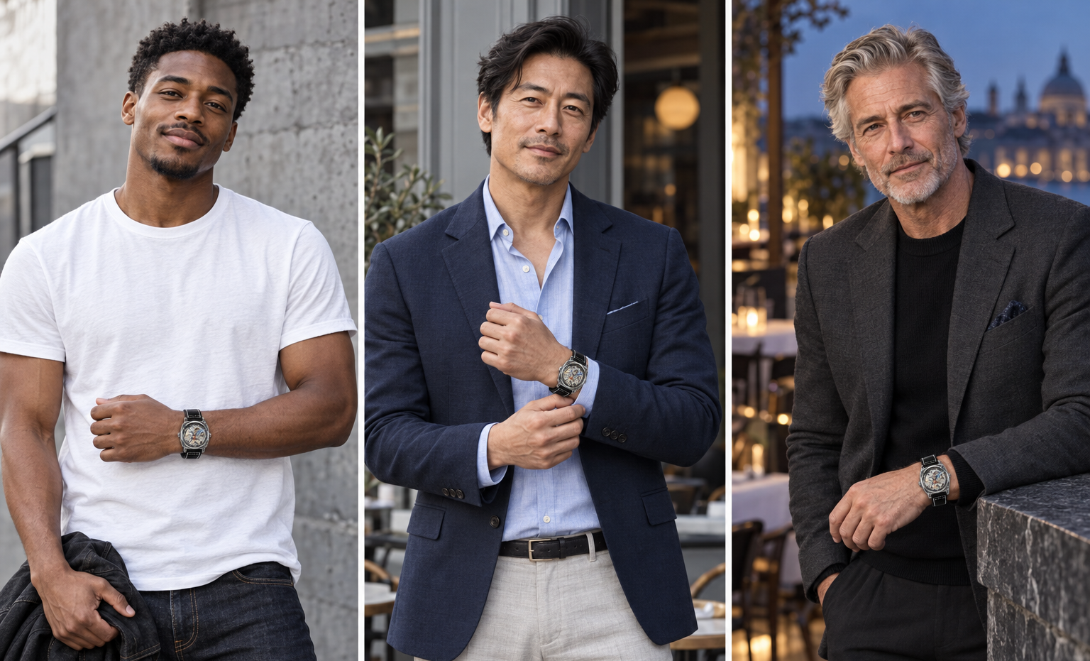 A three-panel collage showing men wearing wristwatches in different settings: a man in a white t-shirt, a man in a navy blazer, and a man in a dark gray blazer, all wearing watches with neutral backgrounds.