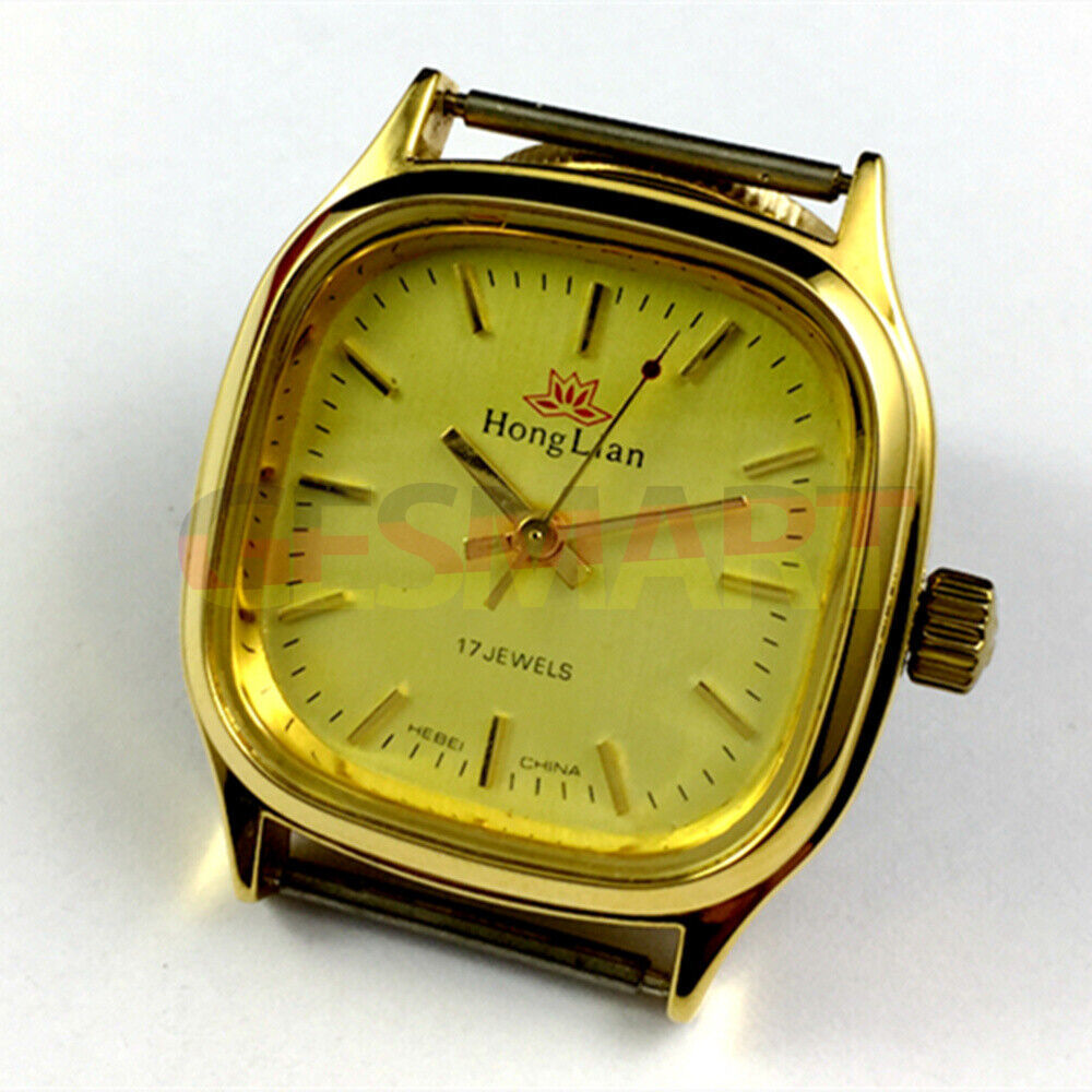 HONGLIAN 34mm manual mechanical watch with golden square case and nail markers, elegant 3-hand design.