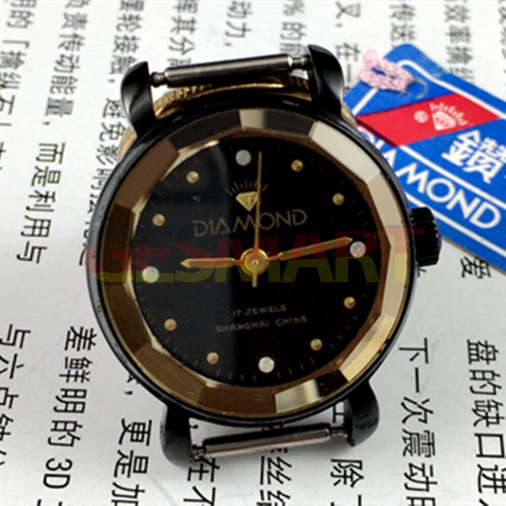 Shanghai Diamond 30mm manual mechanical lady watch with black dial, 17 jewels for precise timekeeping.