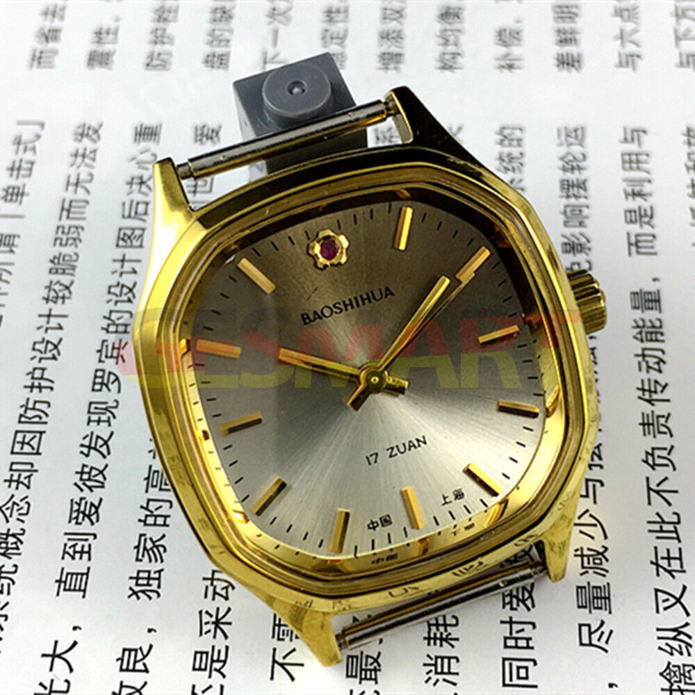 32mm Shanghai manual mechanical watch with golden nails and brown dial in octagonal case.