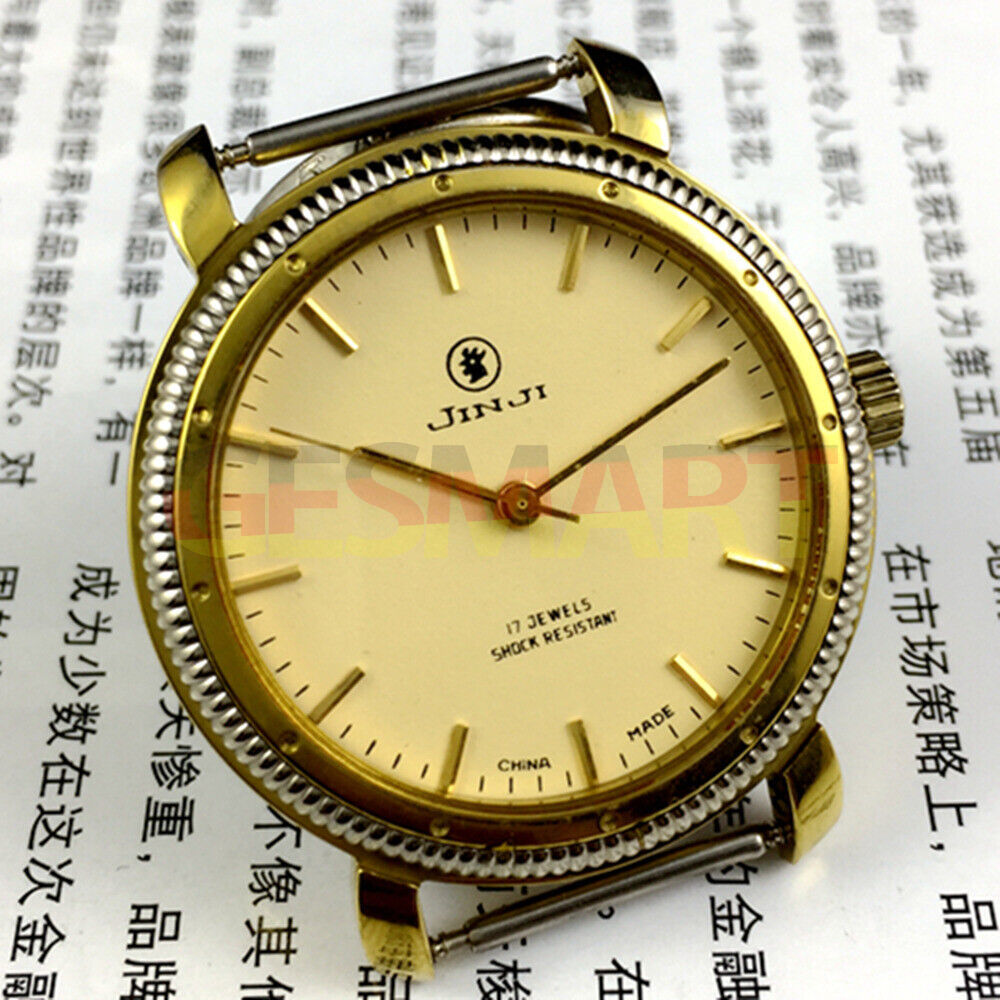 37mm Shanghai Jinji manual watch with 17 jewels, shock-resistant, gold-tone nail accents, classic style.