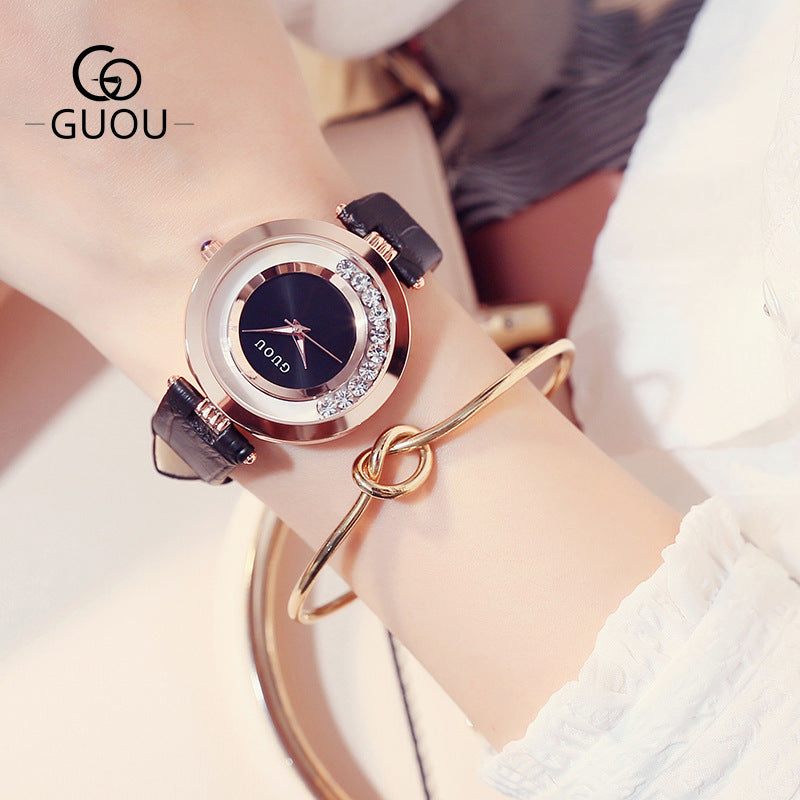 GESMART Women's Crystal Dial Quartz Watch Leather Band Fashion Elegant Genuine Leather Ladies Wristwatch