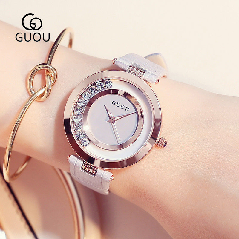 GESMART Women's Crystal Dial Quartz Watch Leather Band Fashion Elegant Genuine Leather Ladies Wristwatch