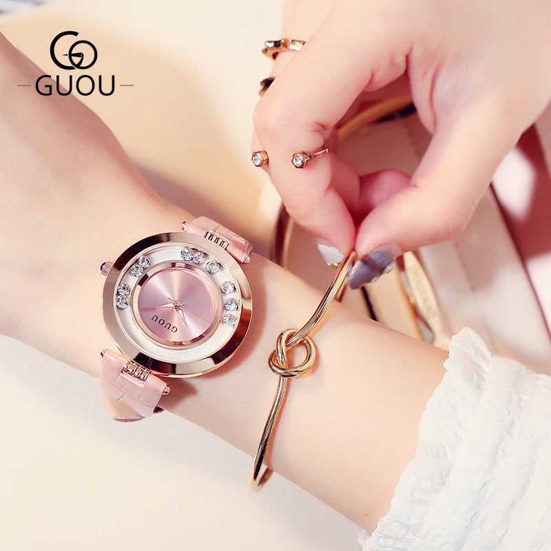 GESMART Women's Crystal Dial Quartz Watch Leather Band Fashion Elegant Genuine Leather Ladies Wristwatch