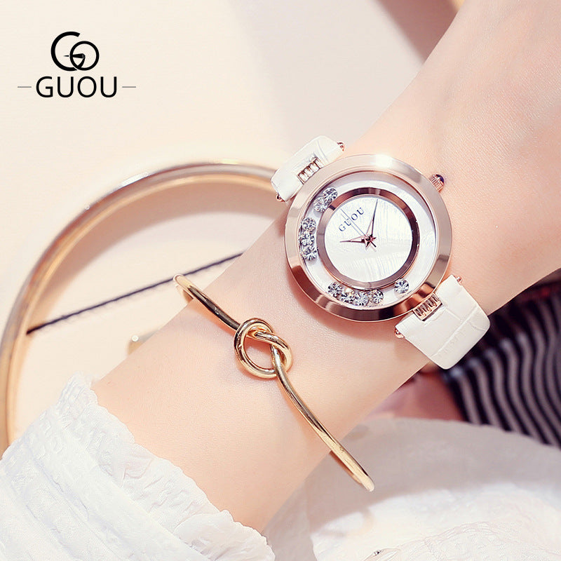 GESMART Women's Crystal Dial Quartz Watch Leather Band Fashion Elegant Genuine Leather Ladies Wristwatch