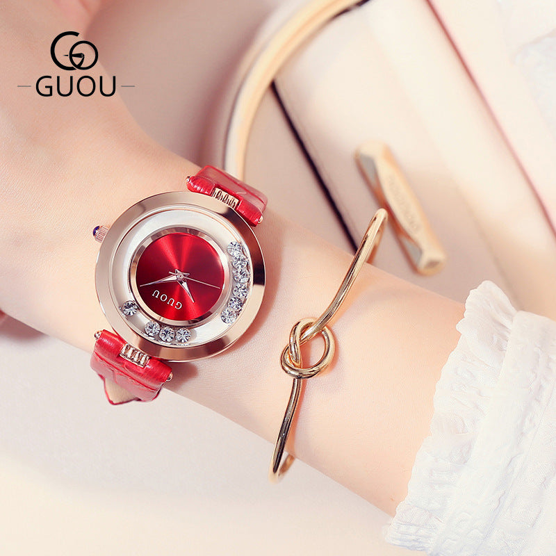 GESMART Women's Crystal Dial Quartz Watch Leather Band Fashion Elegant Genuine Leather Ladies Wristwatch