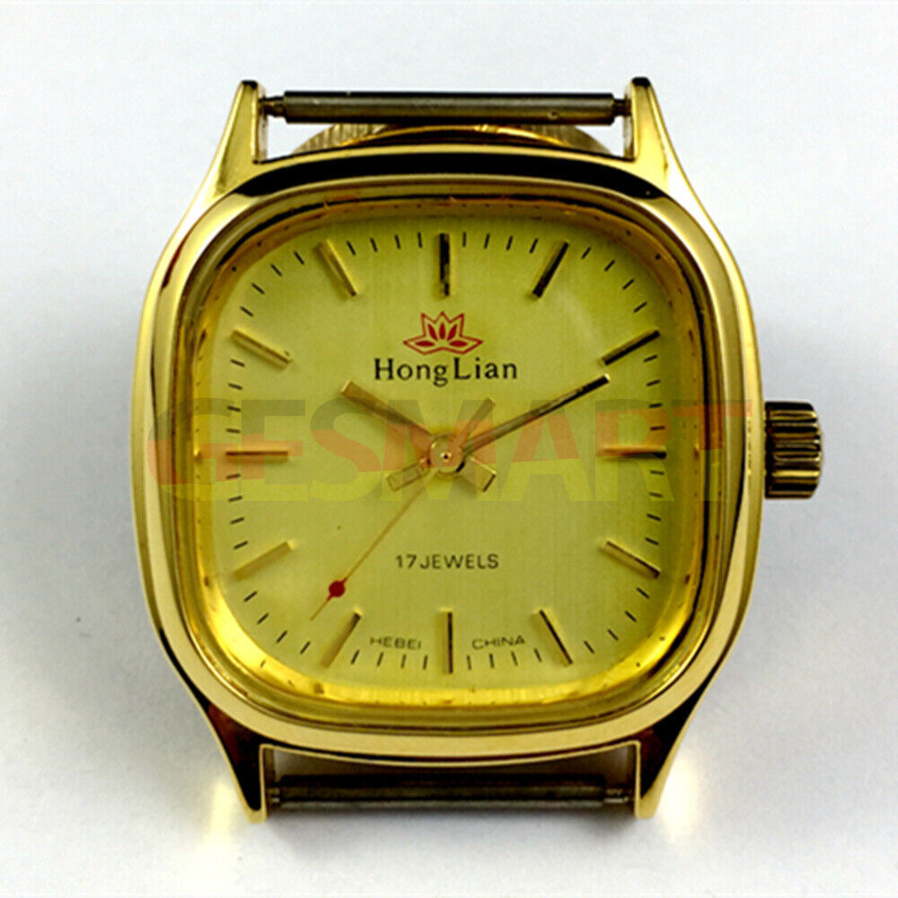 HONGLIAN 34mm manual mechanical watch with golden square case and nail markers, 3-hand design.