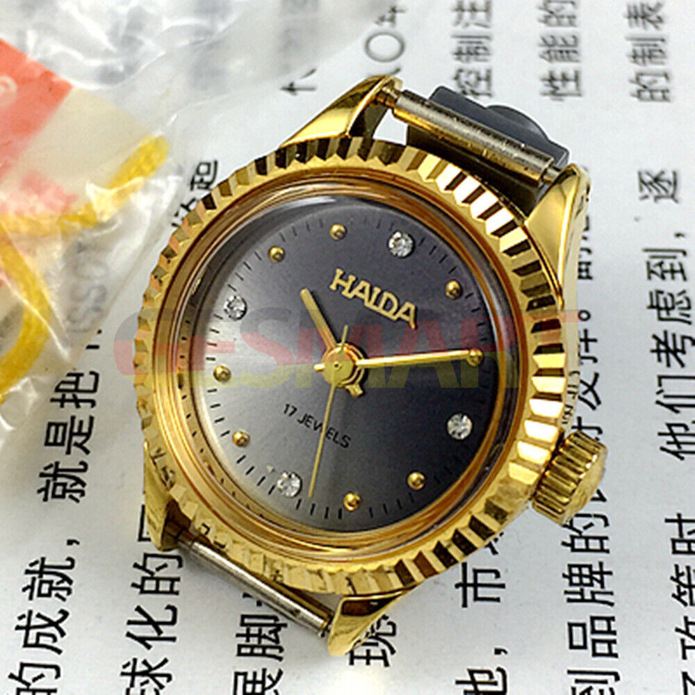 HAIDA 24mm ladies mechanical watch with grey dial, golden nail markers, 17 jewels, elegant round case.