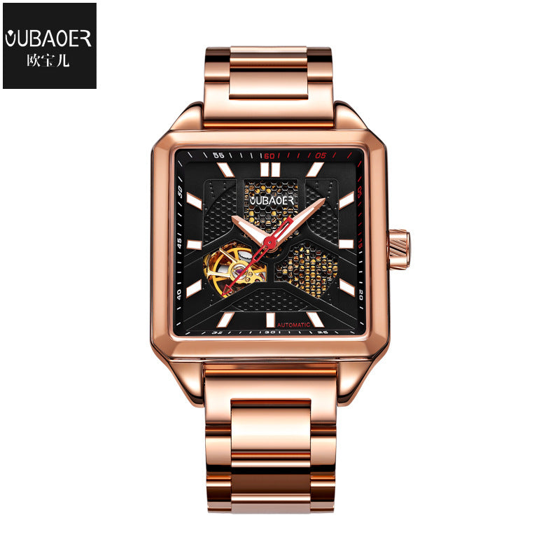 GESMART Men's Square Skeleton Automatic Mechanical Watch Steel Band Water Resistant Fashion Trendy