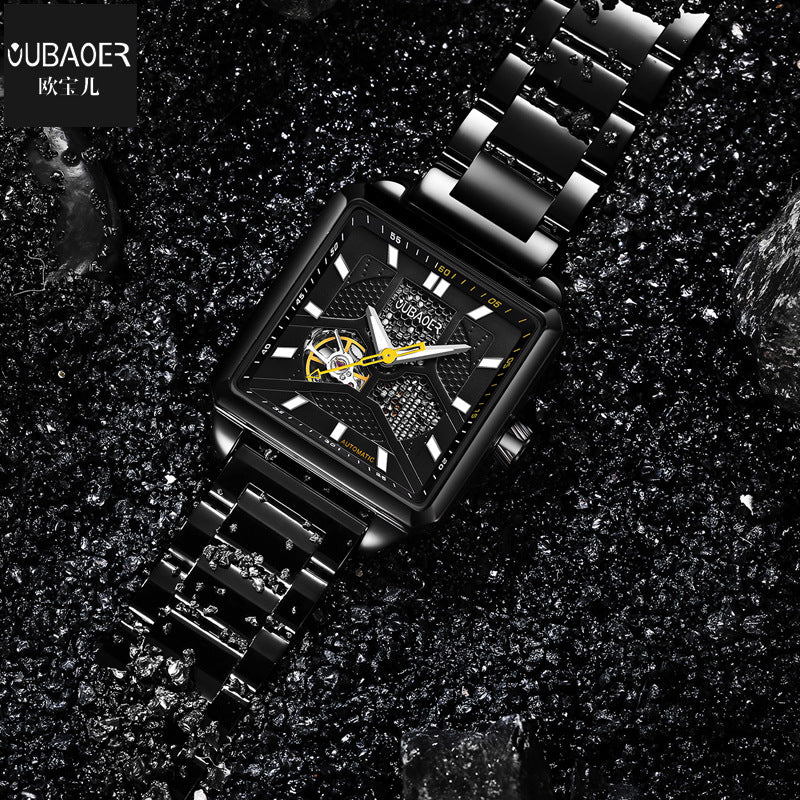 GESMART Men's Square Skeleton Automatic Mechanical Watch Steel Band Water Resistant Fashion Trendy