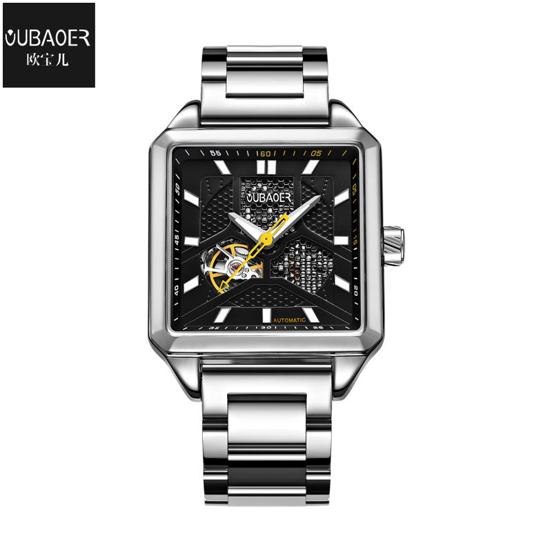 GESMART Men's Square Skeleton Automatic Mechanical Watch Steel Band Water Resistant Fashion Trendy