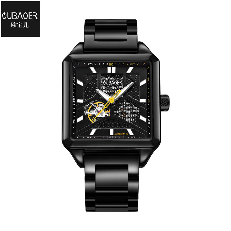 GESMART Men's Square Skeleton Automatic Mechanical Watch Steel Band Water Resistant Fashion Trendy