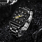 GESMART Men's Square Skeleton Automatic Mechanical Watch Steel Band Water Resistant Fashion Trendy