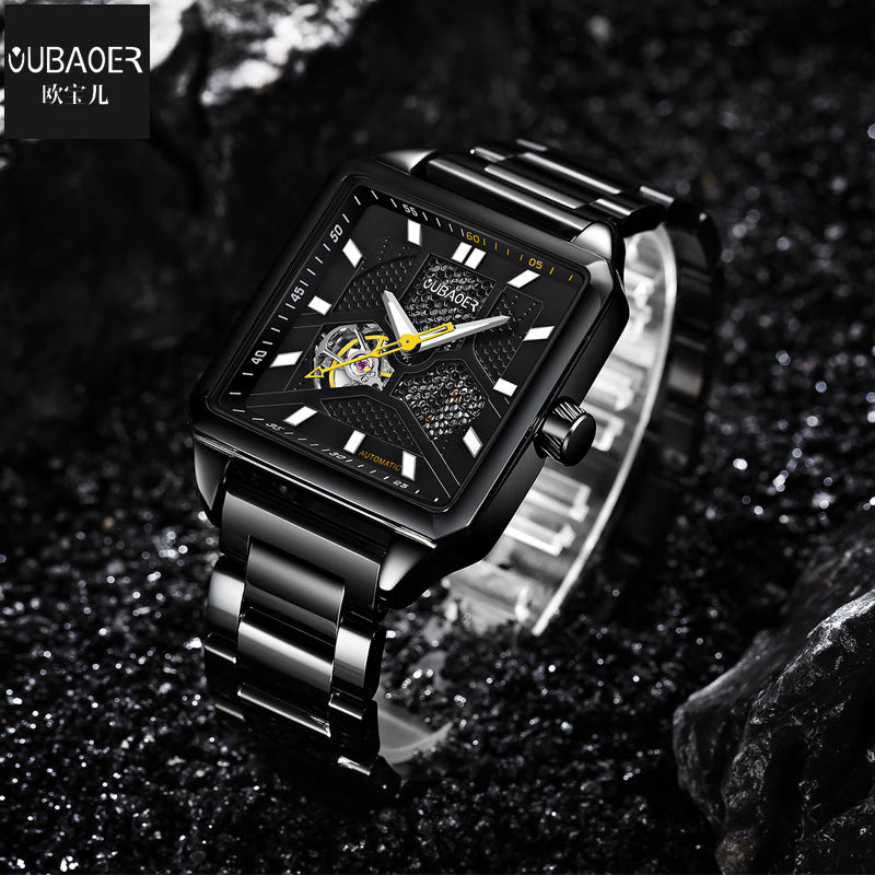 GESMART Men's Square Skeleton Automatic Mechanical Watch Steel Band Water Resistant Fashion Trendy