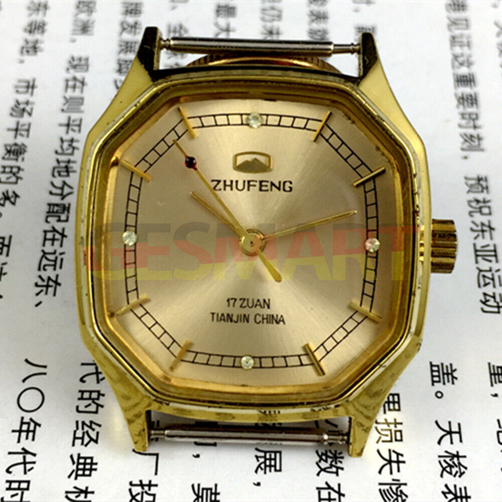 34mm Octagonal golden nail case mechanical watch by Tianjin Zhufeng, manual winding design.