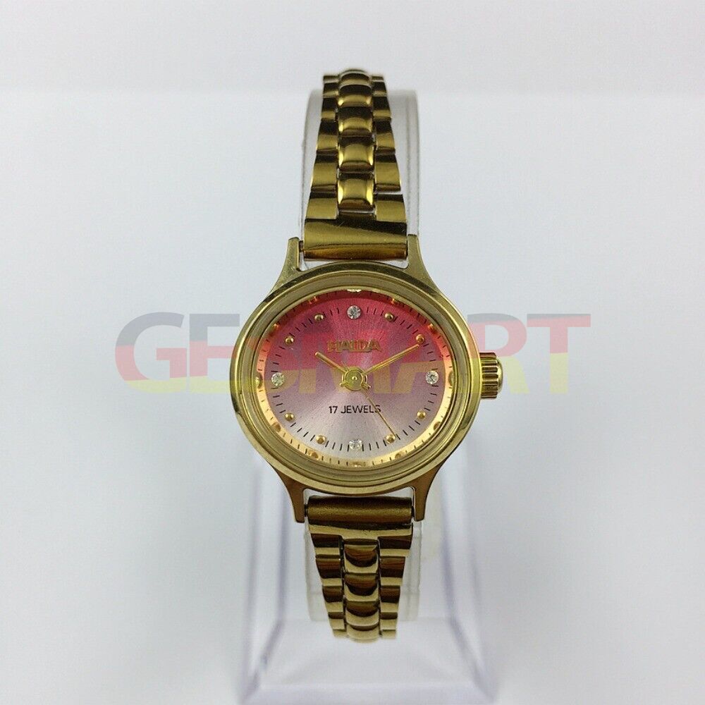 HAIDA 25mm ladies' mechanical watch with golden nail markers, 17 jewels, and pink gradient dial for elegant style.
