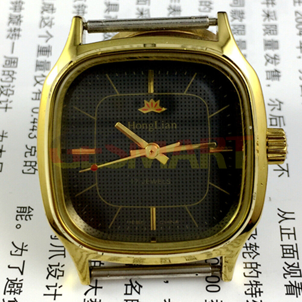 HONGLIAN 34mm manual mechanical watch with black dial, gold nail markers, square gold case, elegant design.
