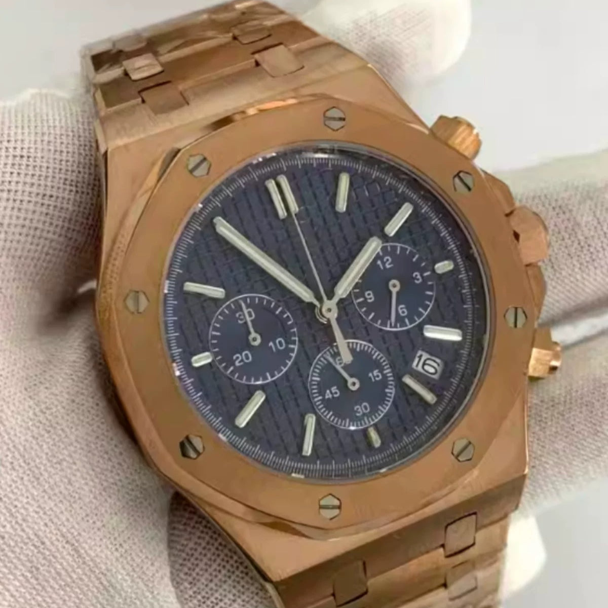 No Logo Rose Gold Men's 41mm Octagonal Quartz Chronograph Steel VK63 Movement