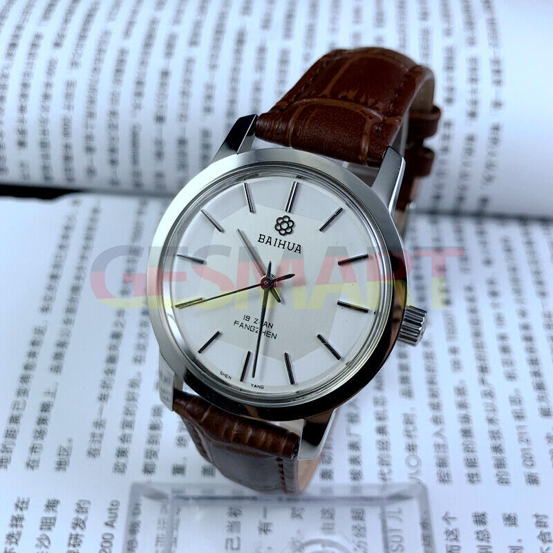 China Baihua 37mm manual mechanical watch with silver dial, 19 jewels, and shock-resistant design.