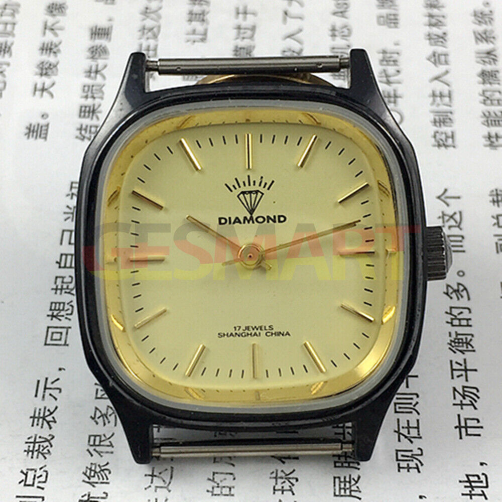 Black square 32mm manual mechanical watch with 17 jewels, diamond accents by Shanghai Made.