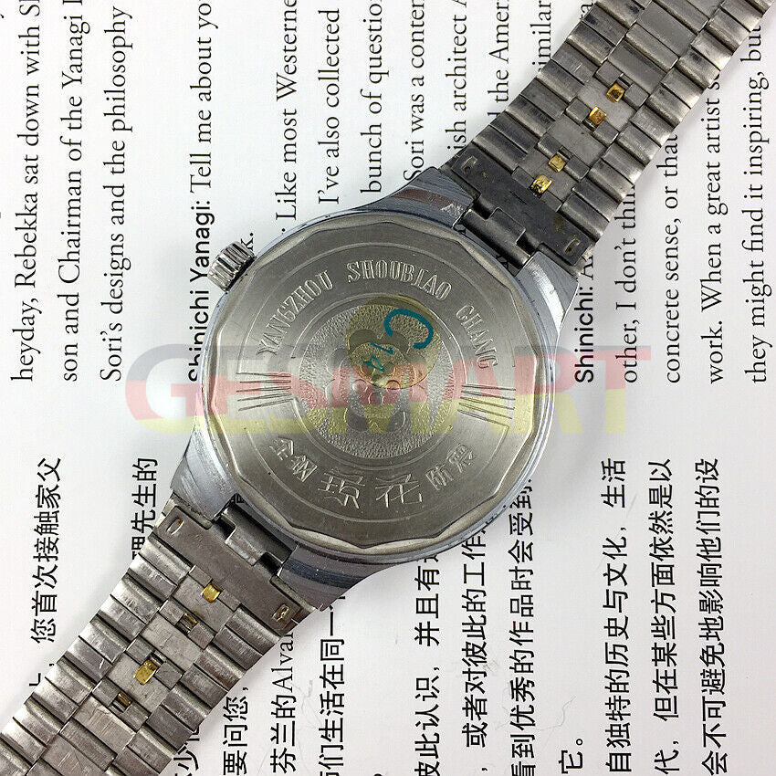 Qionghua 37mm steel manual watch with black dial, single calendar, 17 jewels for classic style.