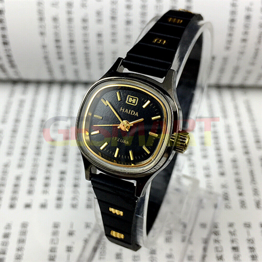 Gold HAIDA 23mm manual mechanical lady watch with black dial, 17 jewels, 3 hands for elegant timekeeping.